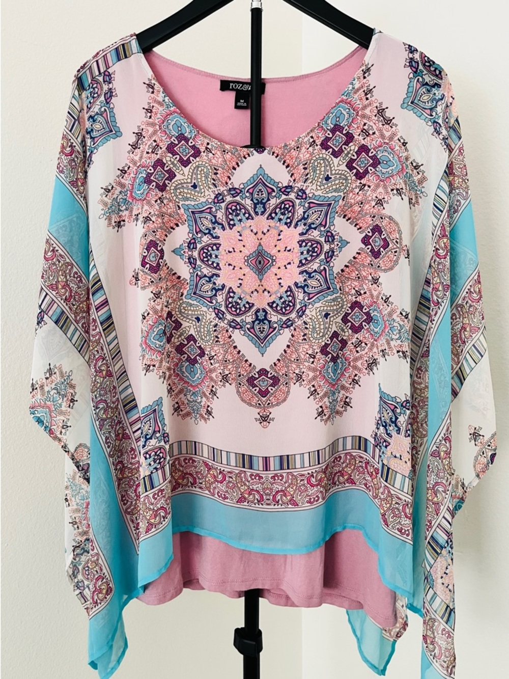 ✨ Roz & Ali Pink + Blue Scarf Top | Boho Paisley Poncho Blouse | Medium